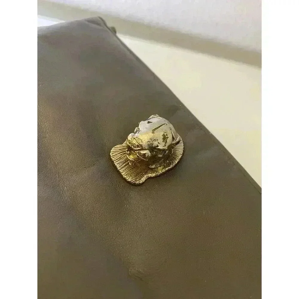 Vintage Ruth Saltz 70s Gray Leather Clutch Bag Silver Tone Lion Emblem No Strap